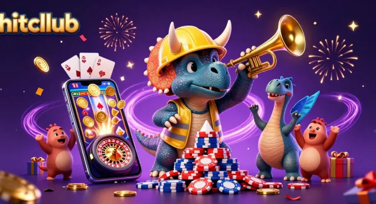 hitcllub showcases a joyful casino scene with a triceratops and parasaurolophus amidst poker chips and games.