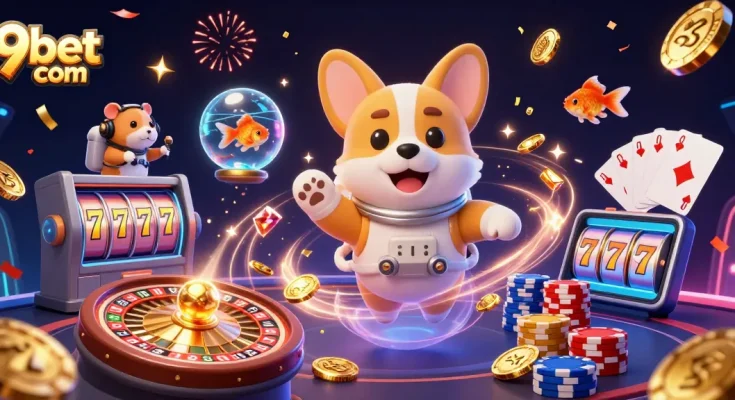9bet com offers a thrilling space casino scene with astronauts and vibrant gambling elements.