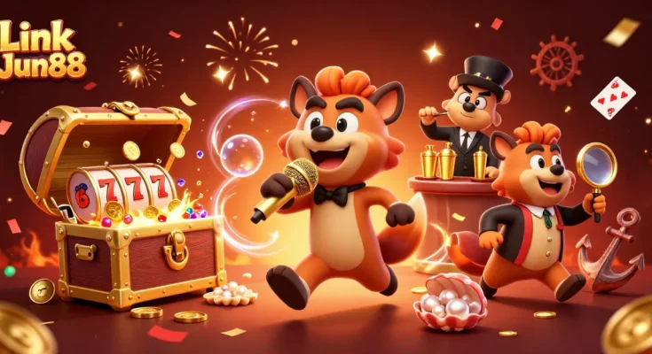 Play and win big at Link Jun88, featuring vibrant hyenas in a dynamic casino scene.