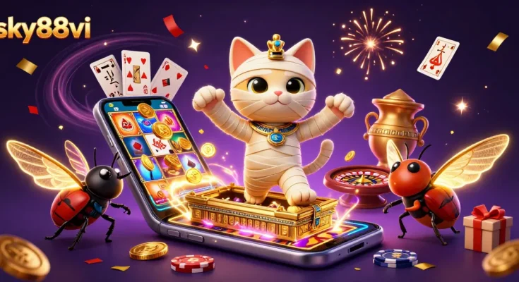Experience sky88vi's thrilling jackpot casino scene with a mummy cat and golden scarab beetle.