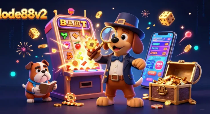 lode88v2 captures a cartoon detective bloodhound exploring a jackpot scene filled with gaming clues