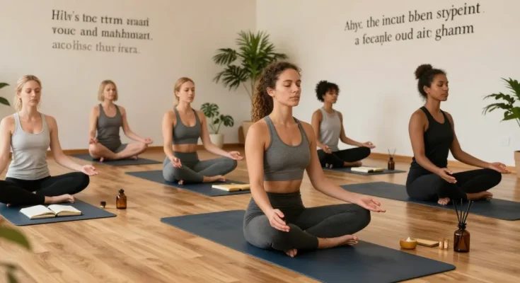 A group practicing mindfulness in a wellness space, highlighting rokok88 super as a resource for mental health education.
