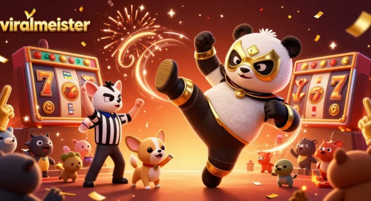 Experience the excitement of viralmeister at an online casino, featuring a panda wrestler and pulsating slot elements.