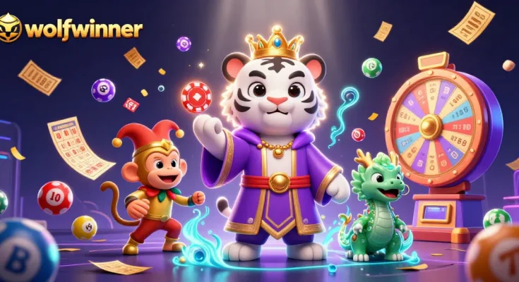 wolfwinner brings luck with a vibrant casino scene featuring a regal tiger, monkey, and dragon