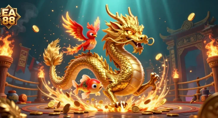 Experience thrilling gameplay at EA 88 with a powerful dragon and lucky phoenix in a vibrant casino atmosphere.