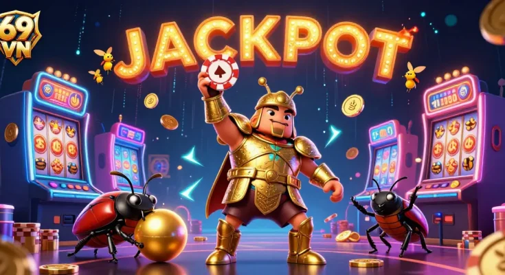 Bettors celebrate wins with 69 VN, featuring a hercules beetle and dynamic casino elements.