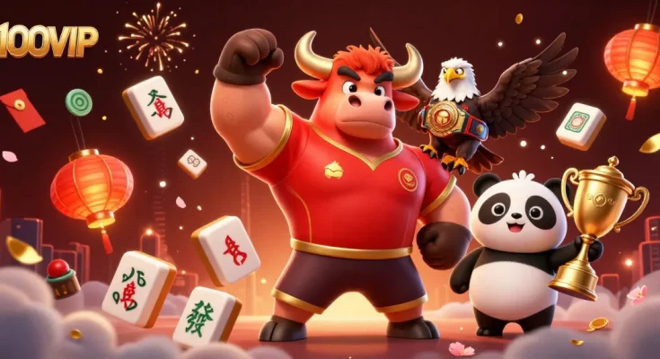 Engage with 100VIP's vibrant casino experience featuring dynamic characters and festive elements.