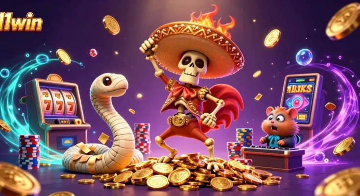 Experience thrilling wins with 11win's vibrant 3D casino scene featuring iconic characters.