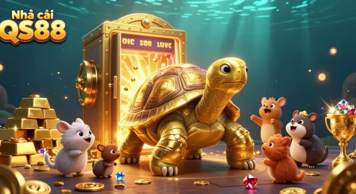 Play thrilling games at Nhà cái QS88 with a golden tortoise and vibrant treasure scene.