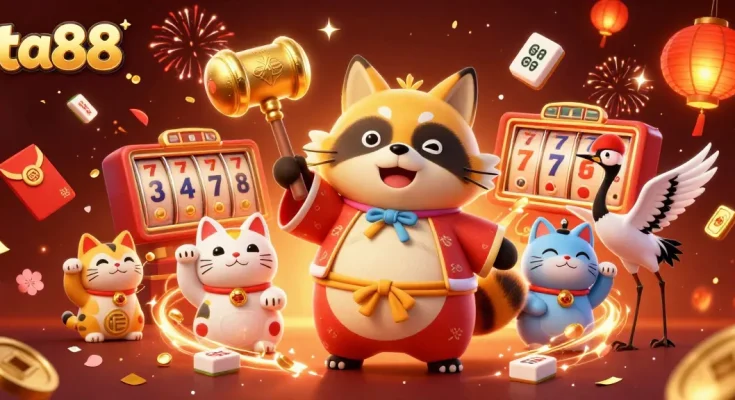 Experience luck and excitement with ta88 in this vibrant casino-themed illustration filled with good fortune charms.